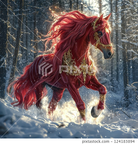 Majestic red horse adorned with gold galloping through a winter forest 124183894