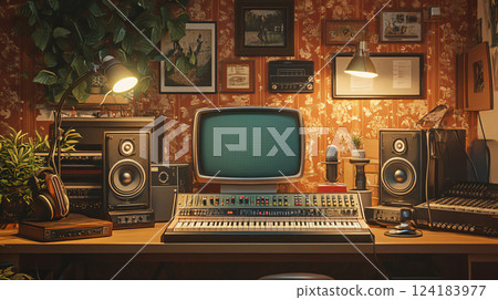 Retro podcast studio featuring a vintage microphone. AI Generated. 124183977