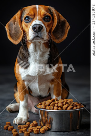 Beagle Sitting Beside a Full Bowl of Kibble on Gray Surface 124183978