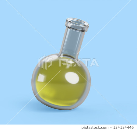3d chemistry lab glass round bottom flask with yellow liquid render. Laboratory glassware, volumetric beaker, transparent vessel, scientific equipment for medical or chemical research. 3D illustration 3d chemistry lab glass round bottom flask with yellow liquid render. Laboratory glassware, volumetric beaker, transparent vessel, scientific equipment for medical or chemical research. 3D illustration 124184446