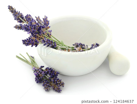 Lavender flower in a mortar with pestle 124184637