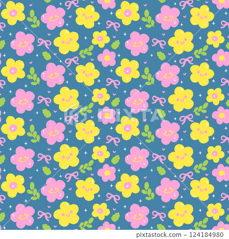 Cute Spring Flowers Seamless Pattern Smiley Flowers wallpaper isolated on background Cute Spring Flowers Seamless Pattern Smiley Flowers wallpaper isolated on background 124184980