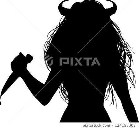 A monochrome paper-cut style illustration of a demon woman with disheveled hair and horns threatening with a knife A monochrome paper-cut style illustration of a demon woman with disheveled hair and horns threatening with a knife 124185302