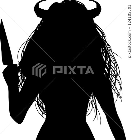 A monochrome paper-cut style illustration of a demon woman with disheveled hair and horns threatening with a knife A monochrome paper-cut style illustration of a demon woman with disheveled hair and horns threatening with a knife 124185303