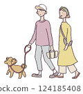 Illustration of a man and woman walking a dog 124185408