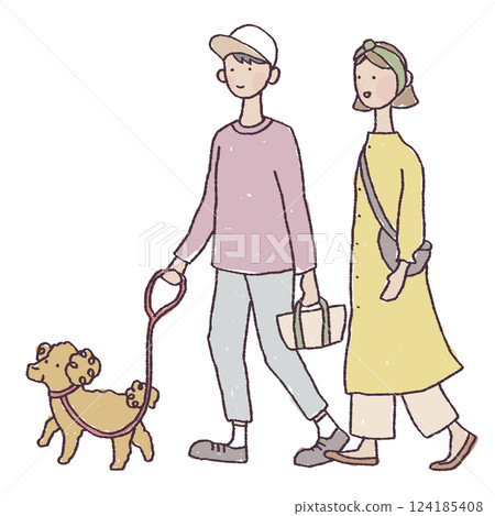 一名男子和一名女子遛狗的插圖 一名男子和一名女子遛狗的插圖 124185408