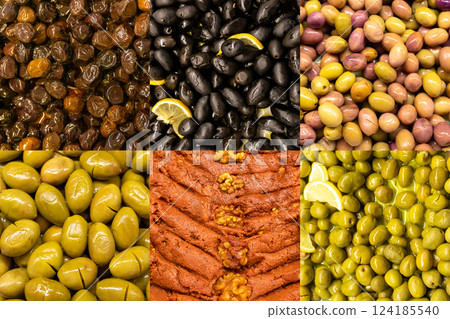 Food collage of salted and marinated olives, Mediterranean cuisine. Composite image. 124185540