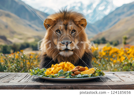 A lion sitting at a table with a colorful salad and majestic mountains in the background 124185656