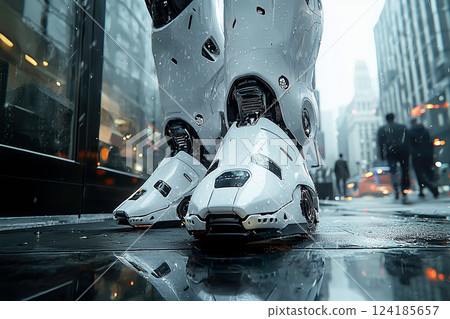 Close-up of high-tech robot feet walking through a rainy futuristic city 124185657