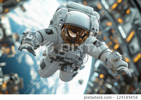 Dynamic close-up of an astronaut floating in space 124185658