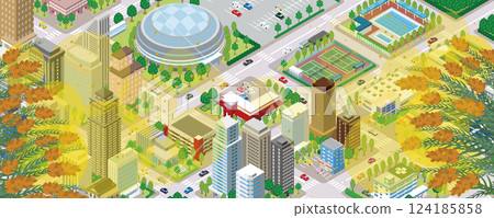 Illustration of a cityscape with cedar pollen flying. Isometric illustration. 124185858