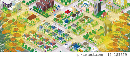 Illustration of a cityscape with cedar pollen flying. Isometric illustration. 124185859