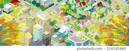 Illustration of a cityscape with cedar pollen flying. Isometric illustration. 124185860