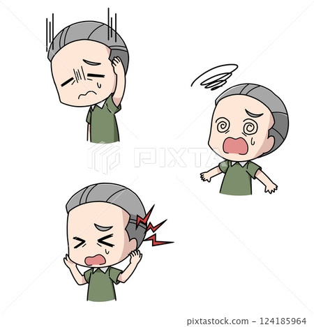 Three illustrations of elderly men with high blood pressure symptoms Three illustrations of elderly men with high blood pressure symptoms 124185964