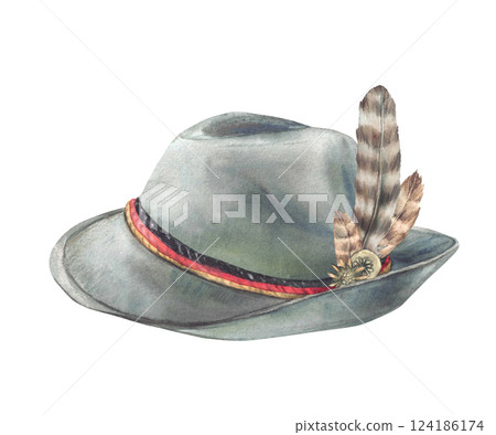 Bavarian Hat with feathers and a brooch. Three ribbons color of German flag gold, red, black strips. Watercolor painted illustration isolated from background. Traditional mens Headwear on Oktoberfest. 124186174