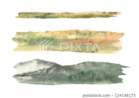 Watercolour fields, silhouettes of distant trees, hills or the mountains on the horizon for landscape Yellow, green, orange horizontal gradient. Hand drawn isolated from background illustration 124186175