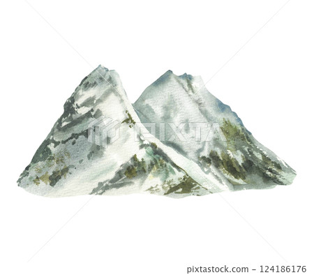 Mountain ranges landscape. Zugspitze mountain in Germany. Watercolor hand drawn illustration near Garmisch Partenkirchen with mountain peaks. Tradition Symbol of Bavaria isolated from background. 124186176
