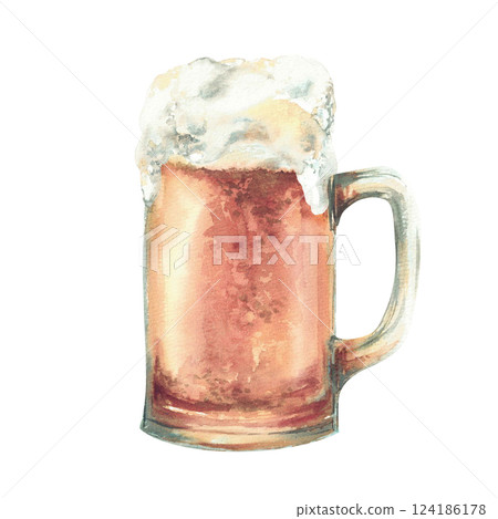 Beer mug with light beer and foam. Masses or litre of beer, pint of ale, traditional Oktoberfest Germany Bavaria holiday drink. Watercolor painted illustration. Card, sticker isolated from background 124186178