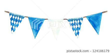 Flags on the rope Blue, rhombus and white triangular pennant set. Oktoberfest Germany festival garland. Watercolor hand painted illustration. Elements of the Bavarian flag Isolated from background Flags on the rope Blue, rhombus and white triangular pennant set. Oktoberfest Germany festival garland. Watercolor hand painted illustration. Elements of the Bavarian flag Isolated from background 124186179