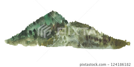 Watercolor forested mountains, hills, silhouettes of distant trees for landscape design. Green, brown nature mountainous landscape. Hand drawn isolated from background illustration for your postcard 124186182