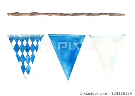 Flags on the rope Blue, rhombus and white triangular pennant set. Oktoberfest beer festival traditional garland. Watercolor painted illustration. Elements of the Bavarian flag Isolated from background Flags on the rope Blue, rhombus and white triangular pennant set. Oktoberfest beer festival traditional garland. Watercolor painted illustration. Elements of the Bavarian flag Isolated from background 124186189