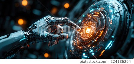 A robot hand points towards a holographic display showcasing cyber security symbols. The intersection of Artificial Intelligence, cyber security, and global communication technology. Generative AI. 124186294