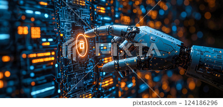 A robot hand points towards a holographic display showcasing cyber security symbols. The intersection of Artificial Intelligence, cyber security, and global communication technology. Generative AI. 124186296