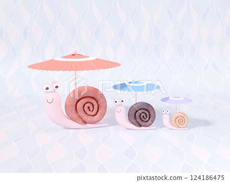 3DCG landscape of a mother and child snails standing together under a Japanese umbrella 124186475