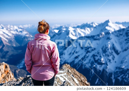 A woman enjoying the exhilaration of reaching the summit 124186609