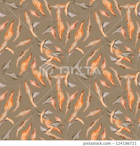 Seamless pattern hand drawn watercolor dry leaves, perfect for nature design or projects. Fabric, textile, decor, wallpaper, digital paper. Beige background 124186721