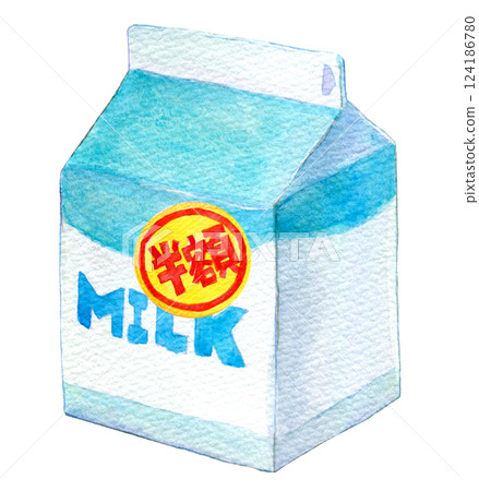 水彩插圖：貼有半價標籤的牛奶 124186780