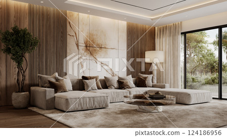 Contemporary interior with sofa, brown wood wall panels, plants, floor lamp, carpet, round glass coffee table. Angle view. 3d render illustration mockup. Contemporary interior with sofa, brown wood wall panels, plants, floor lamp, carpet, round glass coffee table. Angle view. 3d render illustration mockup. 124186956