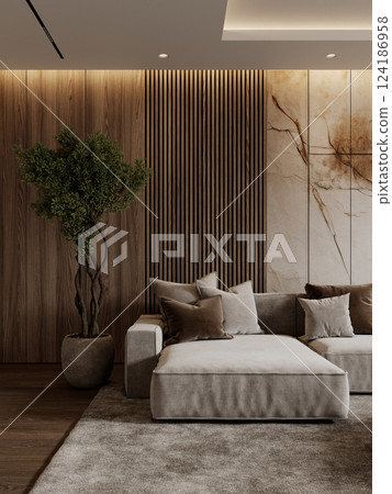 Contemporary interior with sofa, brown wood wall panels, potted tree. 3d render illustration mockup. Contemporary interior with sofa, brown wood wall panels, potted tree. 3d render illustration mockup. 124186958