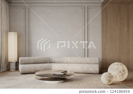 Classic beige interior with tube sofa, floor lamp, moon lamp, coffee table, carpet and decor. 3d render illustration mockup. 124186959