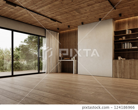 Contemporary loft empty interior with wooden ceiling, console, wood panels and decor. 3d render illustration mockup. 124186966