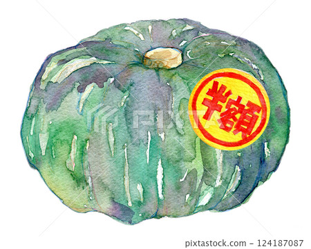Watercolor illustration: A pumpkin with a half-price sticker 124187087