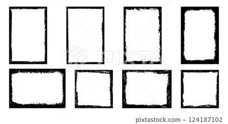 Grunge photo frame. Textured border for post. Worn background for collage. Black vintage frame 124187102