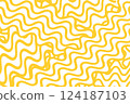 Pasta pattern. Abstract background with spaghetti. Yellow wavy noodles on white. Linear wavy banner. 124187103
