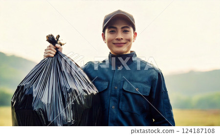 Man holding a garbage bag (AI-generated image) 124187108