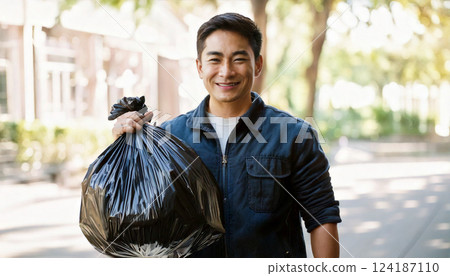 Man holding a garbage bag (AI-generated image) 124187110