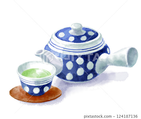 Watercolor illustration of green tea and teapot (retro polka dot) 124187136