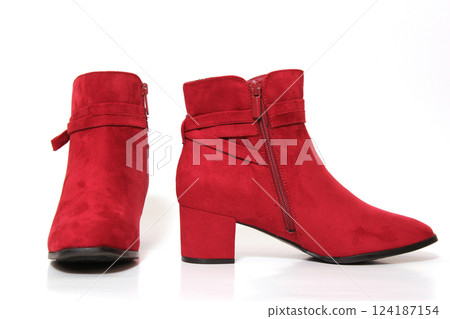 Red Velvet Ankle Boots For Women on White Background 124187154