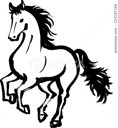 A full-body illustration of a Japanese-style horse drawn by hand with ink 124187169
