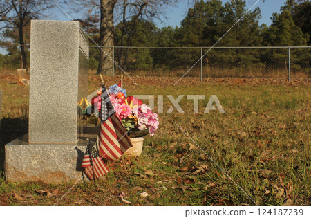 Flag and Flowers on Grave at Loftin Cemetery in Rural East TX Flag and Flowers on Grave at Loftin Cemetery in Rural East TX 124187239