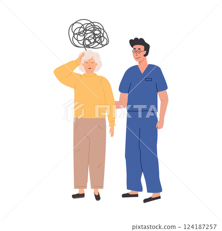 Elderly woman with memory loss being supported by a healthcare professional. Senior lady experiencing confusion, cognitive decline. Dementia Alzheimer disease concept. Flat Style Vector Illustration . 124187257