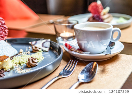 Haute cuisine gourmet and deluxe dessert fine sugar sweet art for coffee 124187269