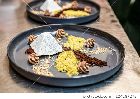 Haute cuisine gourmet and deluxe dessert fine sugar sweet art for coffee Haute cuisine gourmet and deluxe dessert fine sugar sweet art for coffee 124187272