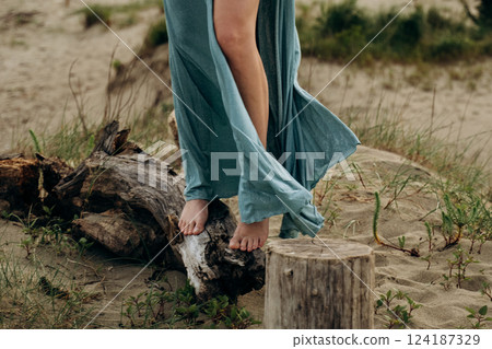 Woman in Flowing Dress Standing on Driftwood Beach 124187329