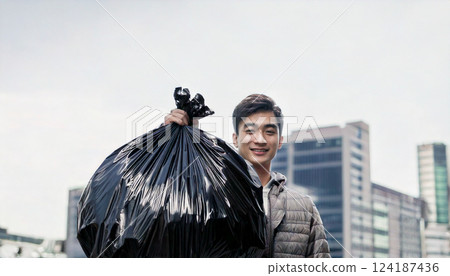 Man holding a garbage bag (AI-generated image) 124187436