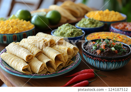 a traditional Mexican meal, with tacos, tamales, guacamole, and mole sauce, arranged on vibrant ceramic plates, surrounded by limes and chili peppers, under bright natural light 124187512